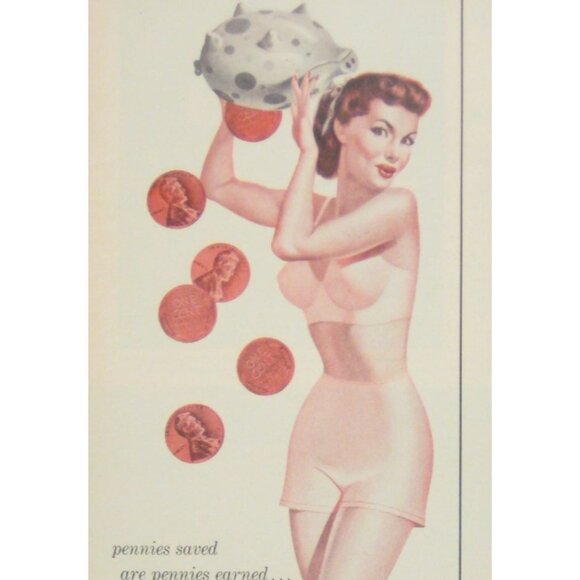 Vintage 1950s Span-Lo Lingerie Ad Pin-Up Style Print Piggy Bank Penny - Picture 2 of 2